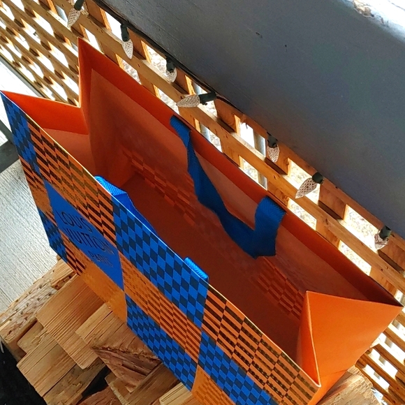 Authentic orange, gold, and blue Louis Vuitton holiday gift bag 15.6 X 13.25 X 6 - Picture 2 of 4